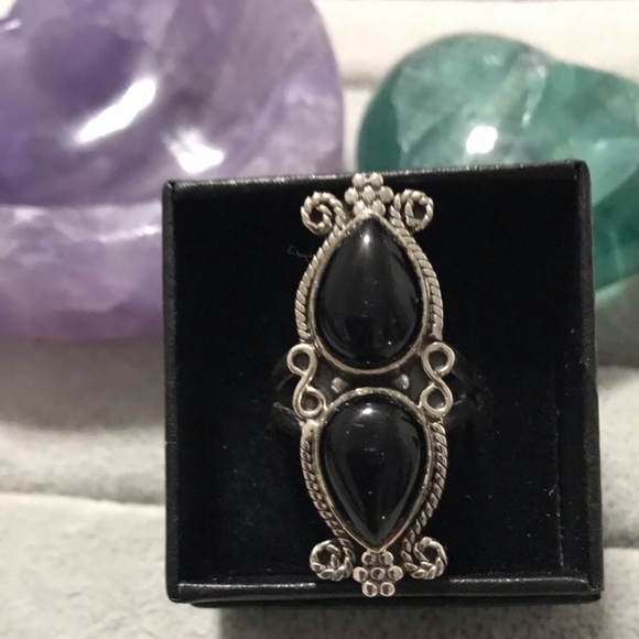 New Genuine Sterling Silver Black Onyx Double Stone Ring Size 8.5-8.75 Crystal - Picture 16 of 16